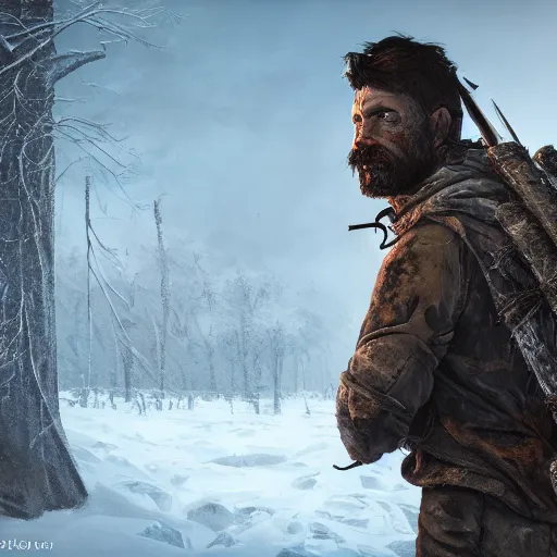 Image similar to A comic book style portrait painting of a male survivalist warrior in a a post apocalyptic winter landscape, unreal 5, DAZ, hyperrealistic, octane render, RPG portrait, ambient light, dynamic lighting