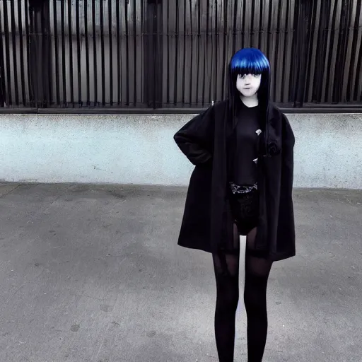 Image similar to 1 7 - year - old anime goth girl, black hair, long bob cut, long bangs, gothic coat, holding, shibuya, blue sunshine, in front of ramen shop, strong lighting, strong shadows, vivid hues, raytracing, sharp details, subsurface scattering, intricate details, hd anime, very - high - budget anime movie, 2 0 2 1 anime