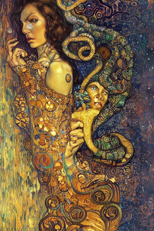 Prompt: Rebirth by Karol Bak, Jean Deville, Gustav Klimt, and Vincent Van Gogh, portrait of a sacred serpent, Surreality, radiant halo, shed iridescent snakeskin, otherworldly, fractal structures, arcane, ornate gilded medieval icon, third eye, spirals