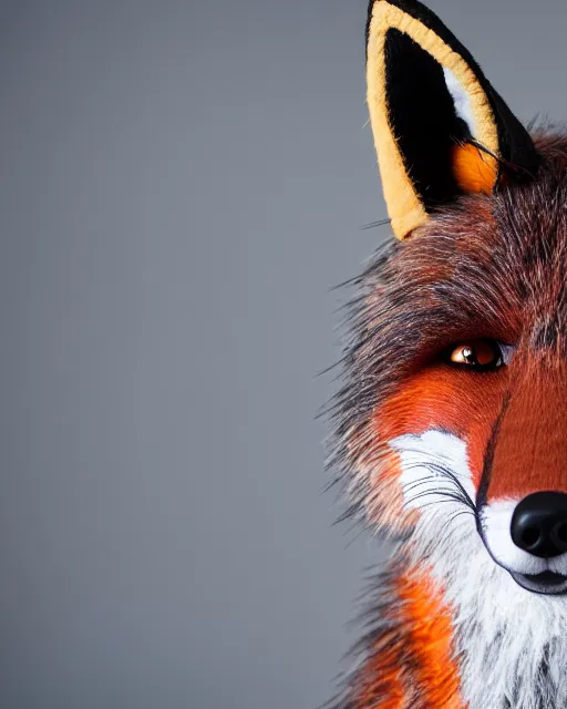 Image similar to portrait photo headshot still of a fursuit, 8 k, 8 5 mm f 1. 8, fursuit, fox