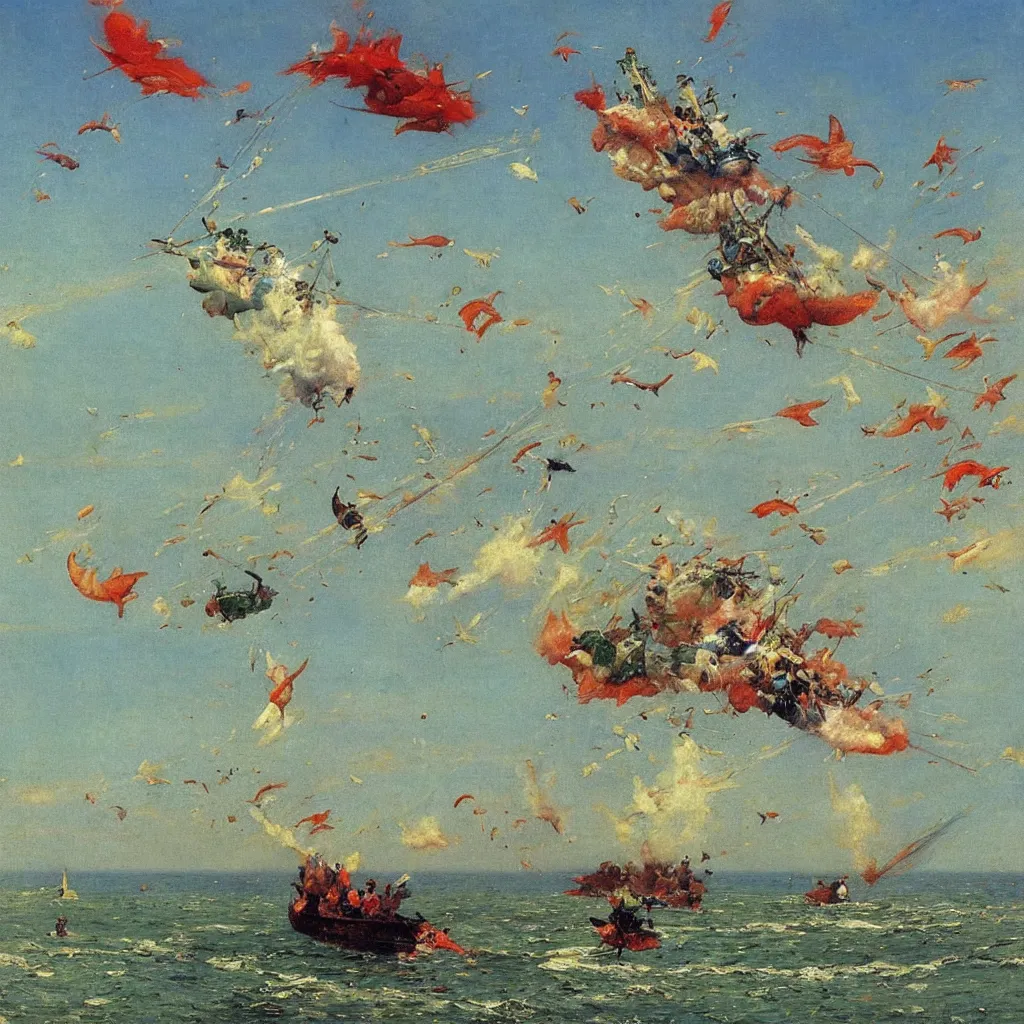 Image similar to zepplins shaped like fish being launched off the shore, 1905, highly detailed colourful oil on canvas, by Ilya Repin