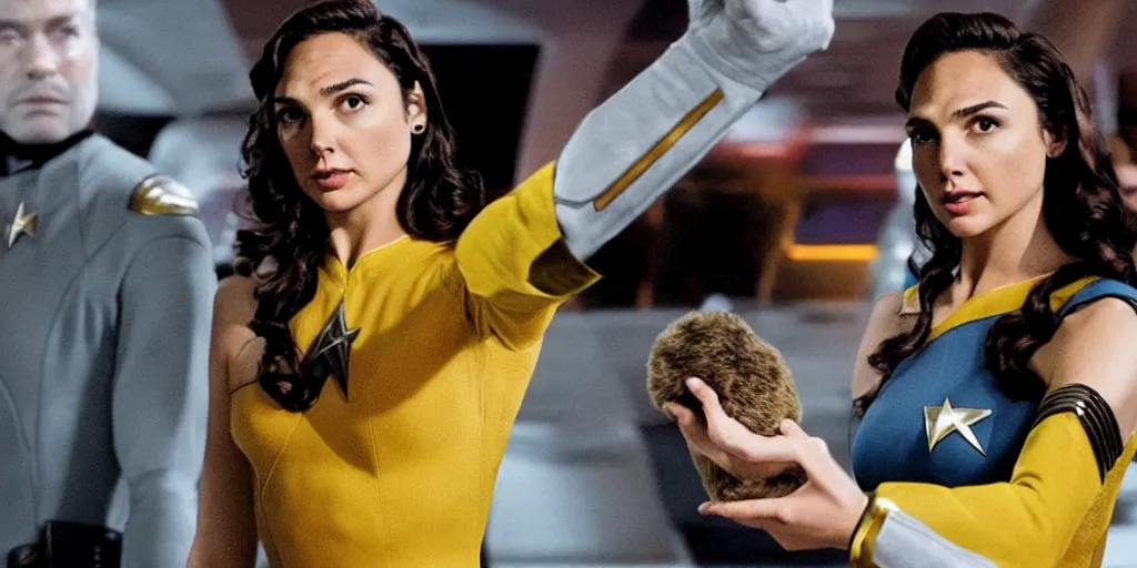 Image similar to Gal Gadot, in Starfleet uniform, in the role of Captain Kirk, with lots of Tribbles!!!! everywhere