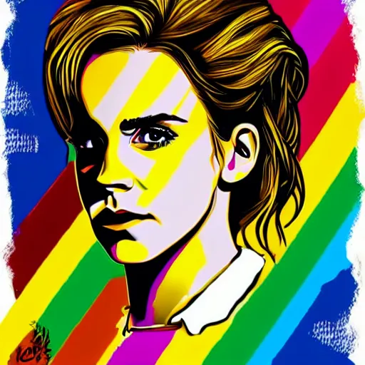 Prompt: rainbow emma watson as hermione. pop art.