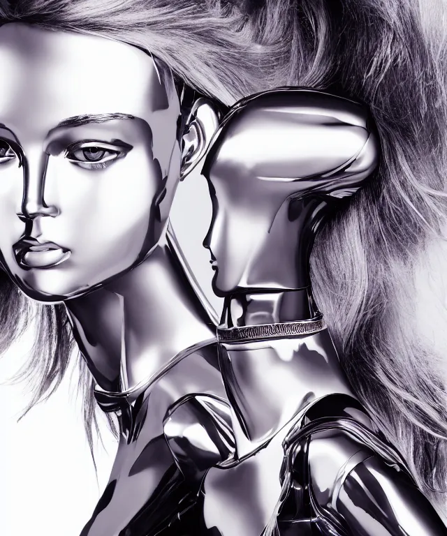 Image similar to tv displays victoria's secret model, a silver robot is touching the tv and robot's head is partially morphed into copy of the model's head, realistic, 4 k