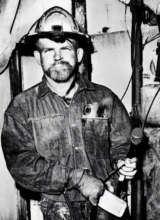 Image similar to old photo of ryan upchurch as a coal miner holding a microphone