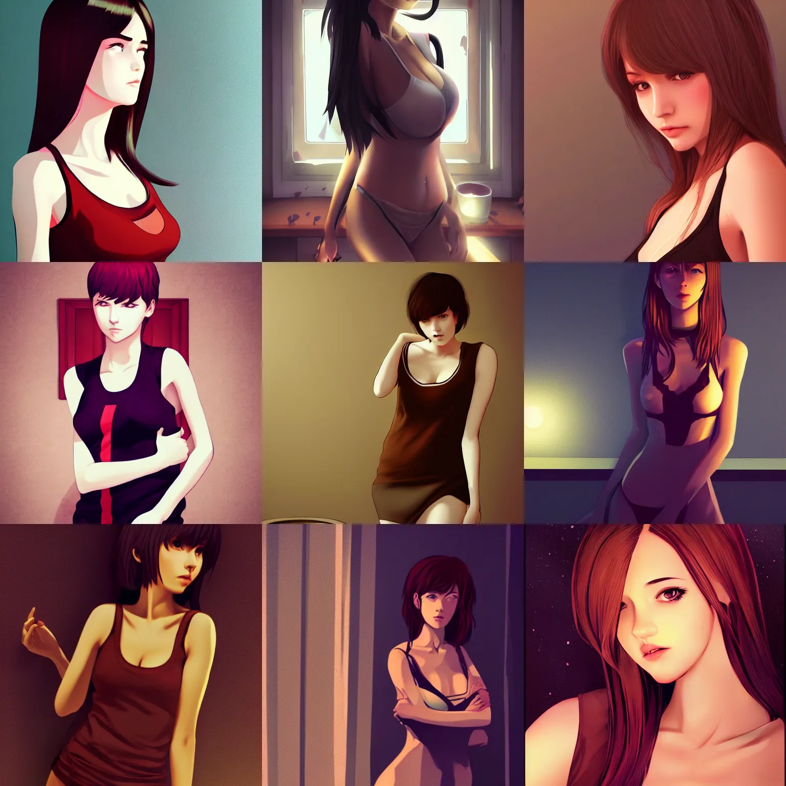 Prompt: sexy girl, wearing : tanktop, hair : long brown, surroundings : dark moonlit room, artstyle : ilya kuvshinov