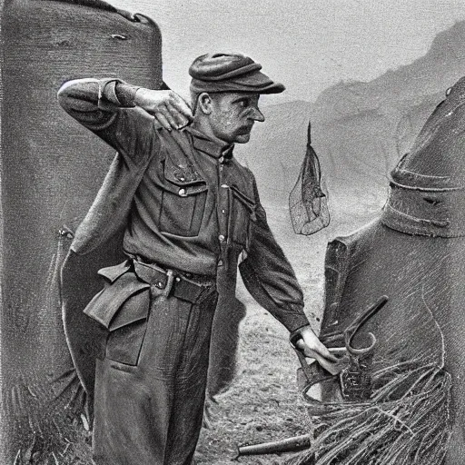 Image similar to a detailed photorealistic sepia - toned color portrait painting of a 1 9 1 7 worried clean - shaven british lieutenant in field gear in north arabia examining an ancient cylindrical clay jar, ultra realistic, intricate details, atmospheric, dark, horror, brooding, highly detailed, by clyde caldwell