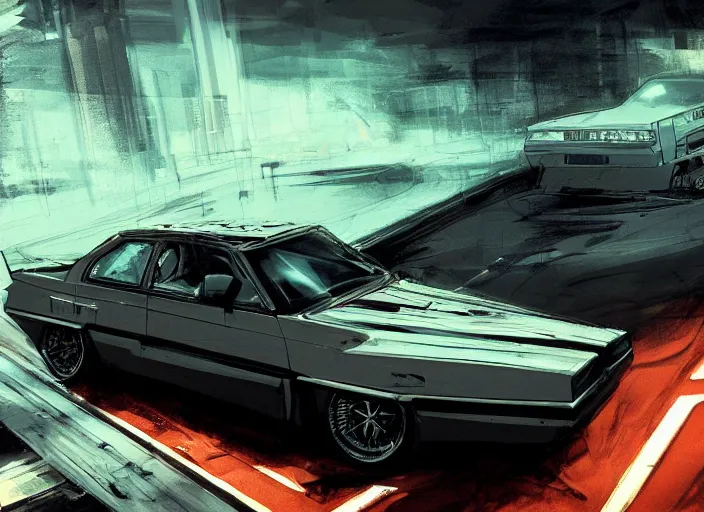 Prompt: wide view shot of a copper colored car with some black and white paint, designed by dmc and gmc, concept art style by john berky and liam wong and michael whelan.