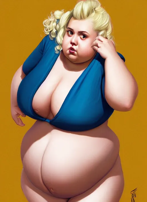 Image similar to full body teenage betty cooper, blonde hair, obese, bangs, ponytail, sultry, realistic, sultry smirk, ponytail, fluffy bangs, curly bangs, fat, belly, beautiful girl, intricate, elegant, highly detailed, digital painting, artstation, concept art, smooth, sharp focus, illustration, art by wlop, mars ravelo and greg rutkowski