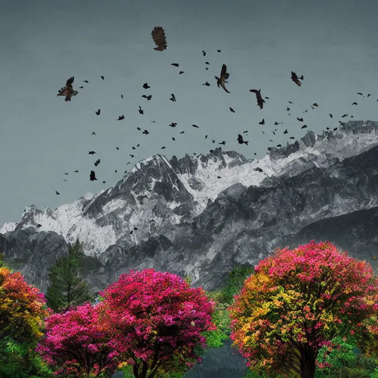 Image similar to a beautiful awesome artistic tree with flowers like leaves and many birds, all in the amazing outdoors view, mountain in the background, lake, long exposure, 8 k resolution, trending on artstation