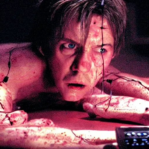 Image similar to scene from existenz, cinematic, a large box made out of human flesh, doom monster, electronic circuitry, skin, flesh!, blood, clumps of hair, lights, led, computer