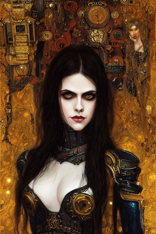 Image similar to portrait of beautiful gothic Alexandra Daddario, cyberpunk, Warhammer, highly detailed, artstation, illustration, art by Gustav Klimt