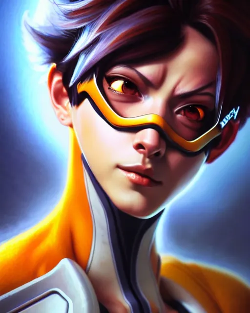 Prompt: tracer from overwatch, character portrait, portrait, close up, highly detailed, intricate detail, amazing detail, sharp focus, vintage fantasy art, vintage sci - fi art, radiant light, caustics, by boris vallejo