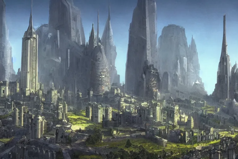 Prompt: a cinematic shot of futuristic medieval city with a large stone castle skyscraper with towers and defenses. utopian, concept art,