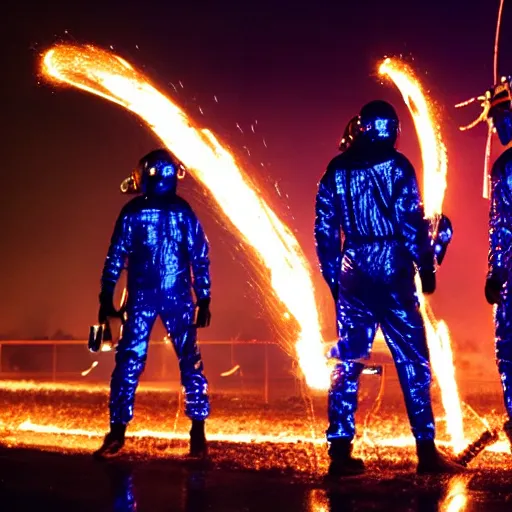 Prompt: men in reflective mylar suits holding flamethrowers, shooting at dark silhouetted aliens, cinematic still