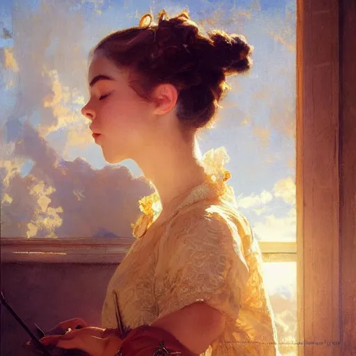 Prompt: detailed high fashion studio portrait of an anime anya taylor joy, eyes closed, sun light, painting by gaston bussiere, craig mullins, j. c. leyendecker