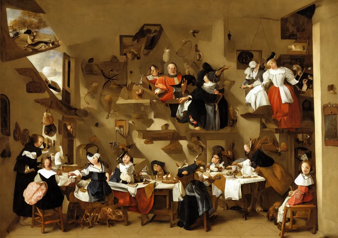 Prompt: Jan Steen arranges the various actors in a small room with a window and low ceiling. Crammed. Composition is based on a triangle, with the magnificently dressed young woman at its top point. The focus of the scene is provided by the lady of the house, who has fallen asleep at the table on the left. The dog is finishing the meat pie that was served on the table, one of the children is filching something from the cabinet on the wall (“opportunity makes the thief ”), the little girl’s brother is trying out a pipe, and the youngest child, sitting in his highchair, is playing carelessly with a string of pearls. His attention diverted to the side, a young man is trying to play a violin. The duck on the shoulder of the man next to her identifies him as a Quaker, who urges the reading of pious texts. Finally, the pig in the doorway to the kitchen is an allusion to another proverb: “Neither cast ye your pearls before swine”. Hanging above the heads of these sinners are the symbols of the penalty to be expected for unbridled, lustful behaviour: a sword and a crutch in a basket suspended from the ceiling. 50mm. f8.0
