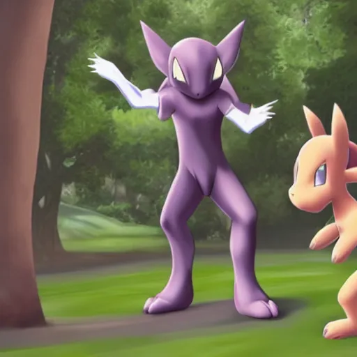 Prompt: pokemon trainer encountering mewtwo