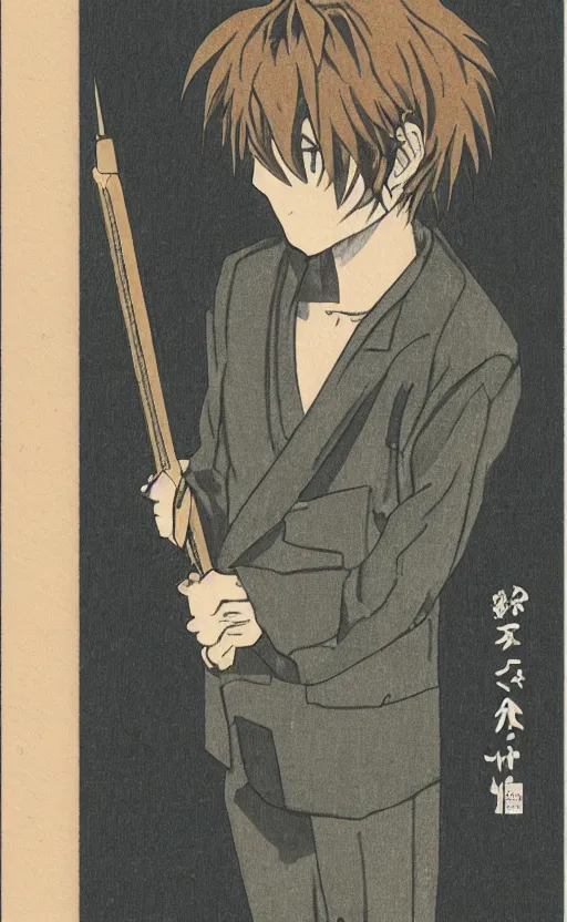 Prompt: by akio watanabe, manga art, alone male calligrapher inside castle armory, trading card front, realistic anatomy