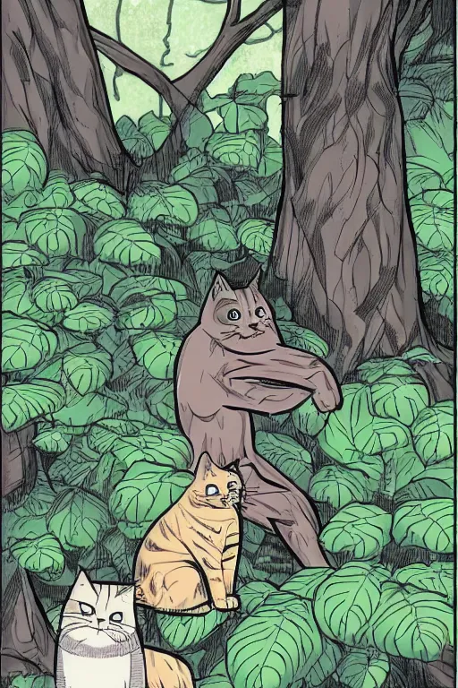 Image similar to a graphic novel comic about cats in the forest, by mike holmes, manga, webcomic