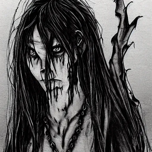 Image similar to grunge drawing of 🧟🧜🏻‍♂️🪡 in the style of the grudge | horror themed