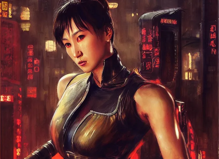 Image similar to chun li confronts thugs ( blade runner 2 0 4 9, cyberpunk 2 0 7 7 character design ). orientalist portrait by john william waterhouse and james gurney and theodore ralli and nasreddine dinet, oil on canvas. cinematic, hyper realism, realistic proportions, dramatic lighting, high detail 4 k