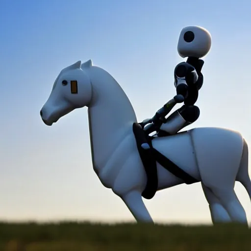 Image similar to A robot is riding a white horse in the blue sky