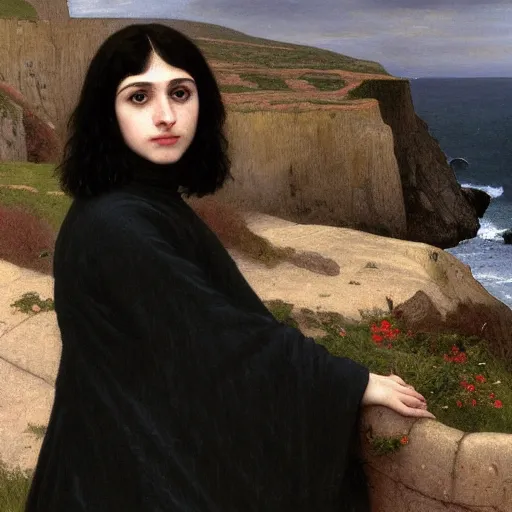 Image similar to 1 7 - year - old pale - skinned british - persian girl with black long bob cut, long bangs, black gothic jacket, black jeans, psychic girl, standing on cliff along the irish coast, overcast gray skies, ultra - realistic, sharp details, subsurface scattering, intricate details, art by william - adolphe bouguereau