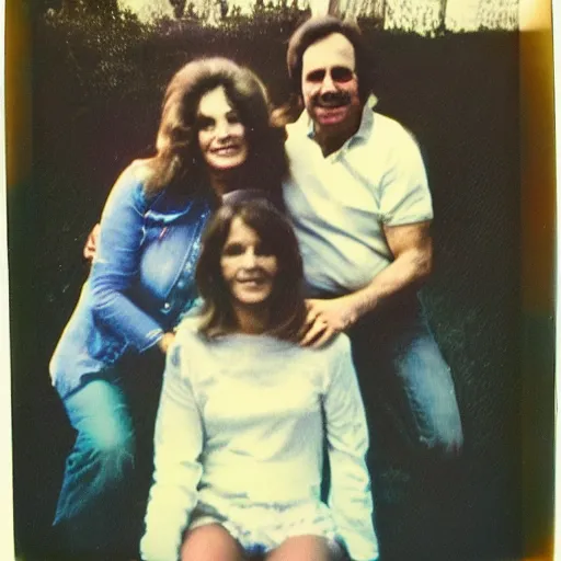 Image similar to found faded 1978 polaroid picture of my parents who look just like Danny Devito and Cindy Crawford