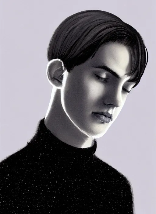 Prompt: portrait of teenage jughead jones wearing a light grey knit crown, blue turtleneck, 1 9 5 0 s, closed eyes, photorealistic, black hair, glowing lighting, intricate, elegant, glowing lights, highly detailed, digital painting, artstation, concept art, smooth, sharp focus, illustration, art by wlop, mars ravelo and greg rutkowski