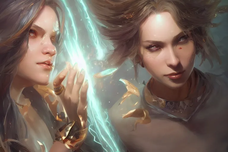 Prompt: beautiful powerful sorceress bestows her power upon her greatfull disciple, made by Stanley Artgerm Lau, WLOP, Rossdraws, ArtStation, CGSociety, concept art,g cgsociety, octane render, trending on artstation, artstationHD, artstationHQ, unreal engine, 4k, 8k,