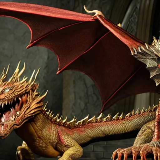 Image similar to Smaug the dragon from the Hobbit movies with the head of Nancy Pelosi, guarding her pile of treasure