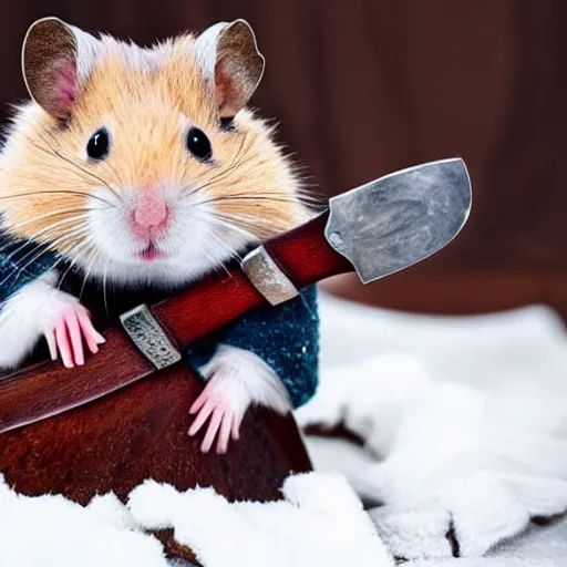 Image similar to a hamster in a viking costume with an axe and a helmet