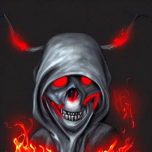 Image similar to a ghostly anthropomorphic rat with skull face and glowing red eyes wearing black tattered robes and holding two blue flames, grim reaper except a rat, photorealistic, artstation