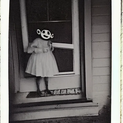 Image similar to found polaroid on a table. picture of a young child with a scary mask on a front porch. dark and spooky, flash photography