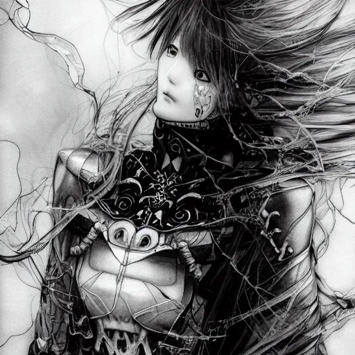 Image similar to yoshitaka amano blurred and dreamy illustration of an anime girl with bandage on the eyes, wavy white hair and cracks on her face near eyes wearing elden ring armour with the cape fluttering in the wind, abstract black and white patterns on the background, noisy film grain effect, highly detailed, renaissance oil painting, weird portrait angle