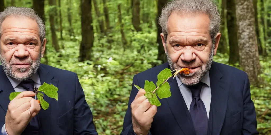 Image similar to alan sugar eating leaves in a forest. eating leaves