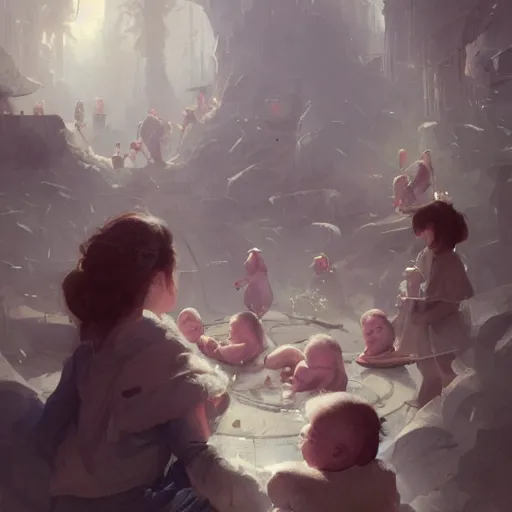 Prompt: big ! big crowd of newborn kids , artstation by greg rutkowski 4k