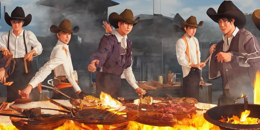 Image similar to BTS dressed as cowboys while cooking BBQ in Texas, Anime art style, action packed scene, CGI render