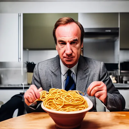 Image similar to saul goodman eating spaghetti, ( sony a 7 r iv, symmetric balance, polarizing filter, photolab, lightroom, 4 k, dolby vision, photography awardm, voque, perfect face )