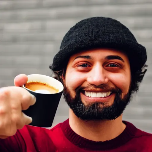 Image similar to a man holding a coffee mug. the coffee mug has a smiling, cartoony face on it.