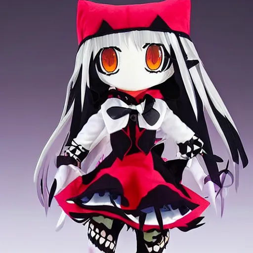 Image similar to cute fumo plush of the mysterious girl who wears a possessed tribal mask, anime girl villain