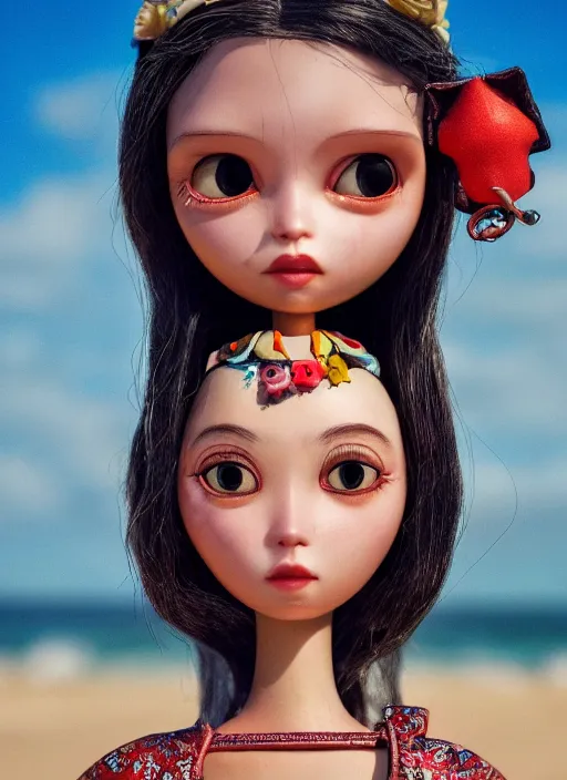Image similar to closeup profile portrait of tin toy girl beach, depth of field, zeiss lens, detailed, symmetrical, centered, fashion photoshoot, by nicoletta ceccoli, mark ryden, lostfish, breathtaking, 8 k resolution, extremely detailed, beautiful, establishing shot, artistic, hyperrealistic, octane render