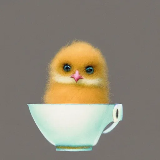 Prompt: long shot of a cute fluffy furry chick nesting in a japanese tea cup, by esao andrews, by m. w. kaluta, humorous illustration, hyperrealistic, tilt shift, warm colors, night scenery, low light, 3 d octane render, 4 k, volumetric lights, smooth, cosy atmosphere, conceptart, hyperdetailed, trending on deviantart