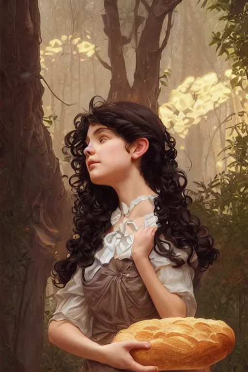 Image similar to beautiful cottagecore of a girl with short black curly hair, round face, cute face, holding a loaf of bread. intricate, elegant. highly detailed, digital painting, artstation, concept art, smooth, sharp, focus, illustration. . art by artgerm and greg rutkowski and alphonse mucha