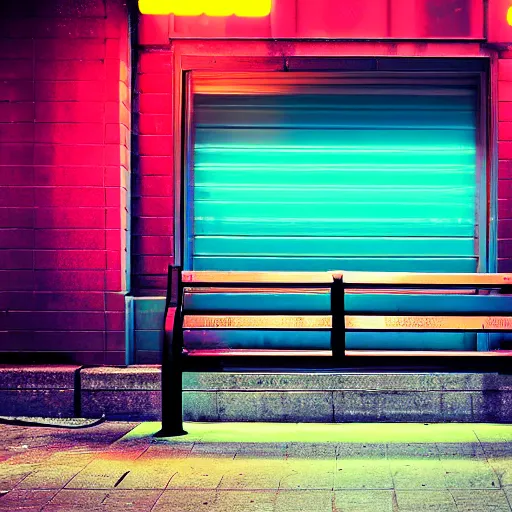 Prompt: vintage phto of a fat robot sitting alone in a streetbench, diezelpunk, cyberpunk, stray, neon lights