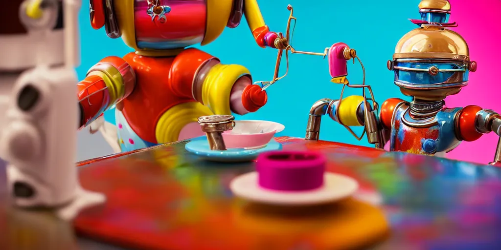 Image similar to closeup portrait of tin toy retro pastry chef robot mixing colourful chemicals and cooking pastry cake in a kitchen, depth of field, zeiss lens, detailed, centered, fashion photoshoot, by nicoletta ceccoli, mark ryden, lostfish, breathtaking, 8 k resolution, extremely detailed, beautiful, establishing shot, artistic, hyperrealistic, octane render