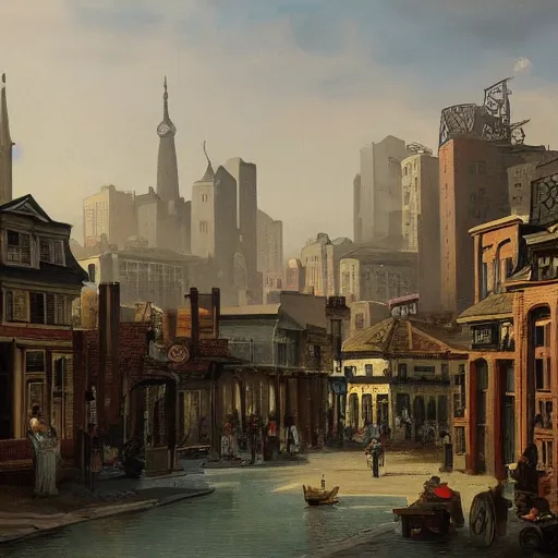 Image similar to beautiful color painting of a cityscape of an 1 8 0 0 s busy city, highly detailed, trending on artstation