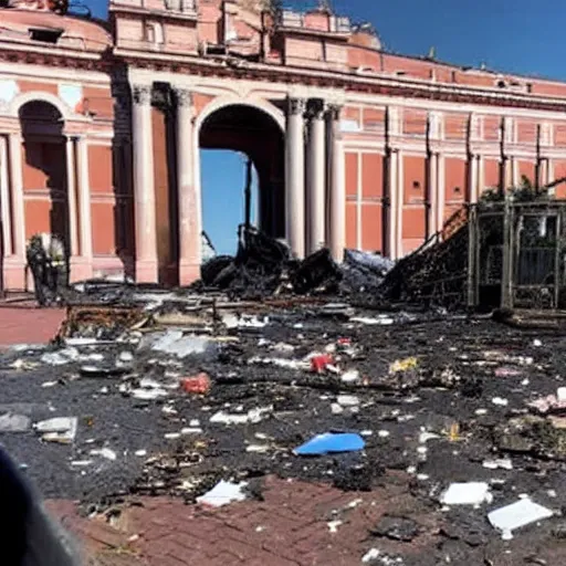 Prompt: explosion in the Casa Rosada, debris thrown out in the air, police arriving