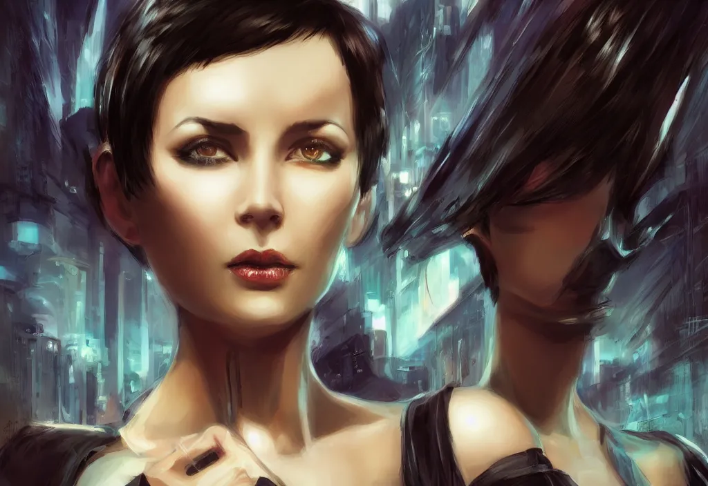 Image similar to a portrait of a beautiful girl, short black hair, pixie hair cut, cyberpunk style, futuristic, realism, photorealism, wide shot, dramatic lighting, digital art, 8k resolution, high detail, by Boris Vallejo